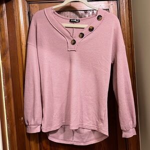 Long sleeve pink waffle knit shirt with buttons